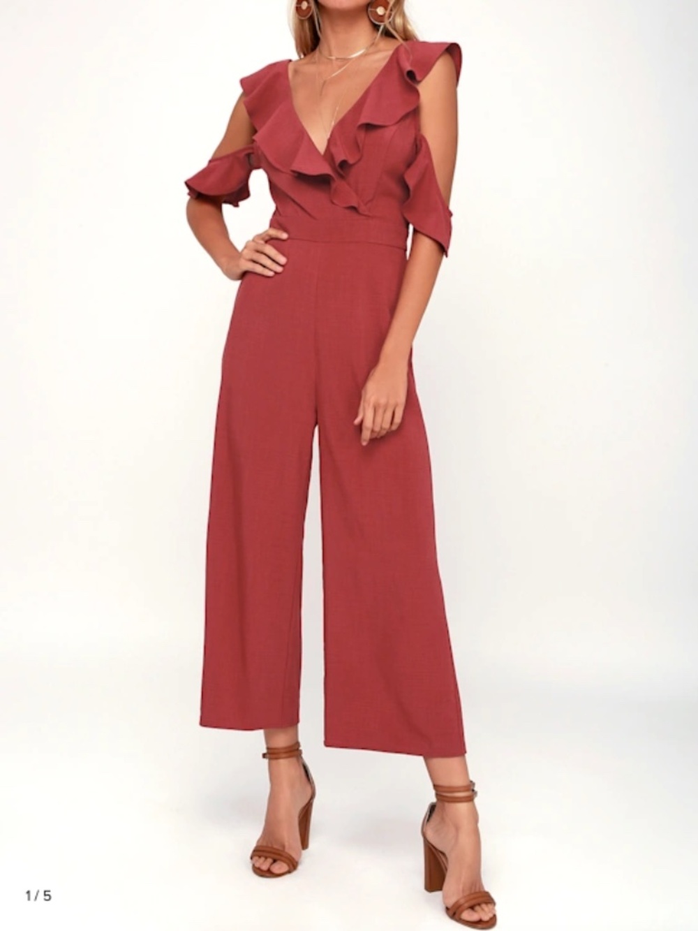 Lulus Doozy Rust Red Ruffled Wide-Leg Off-the-Shoulder Jumpsuit